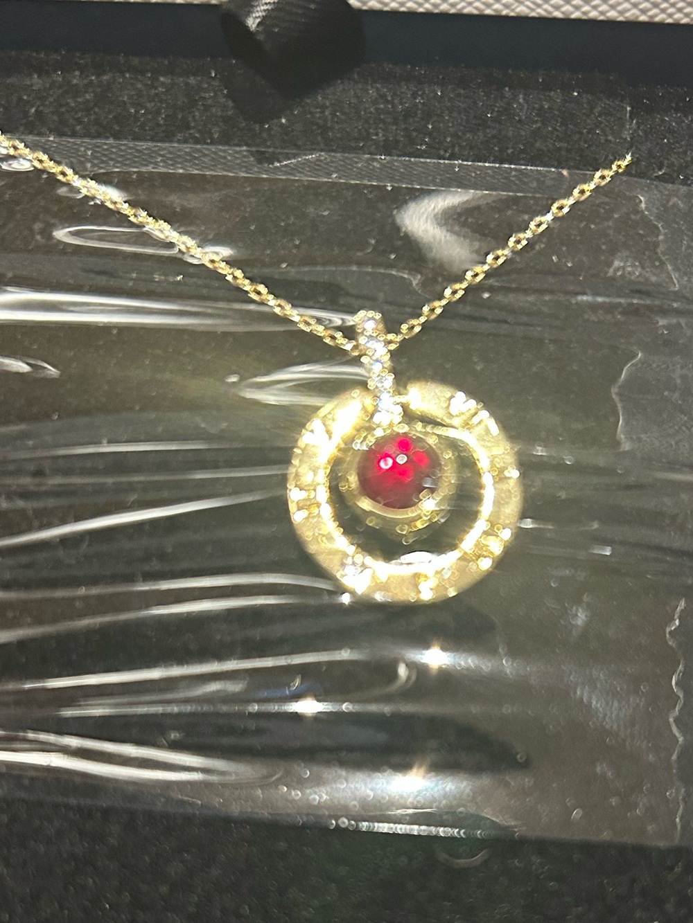 Red stone,poss.fake ruby,Roman numeral necklace costume jewelry yellowgold color